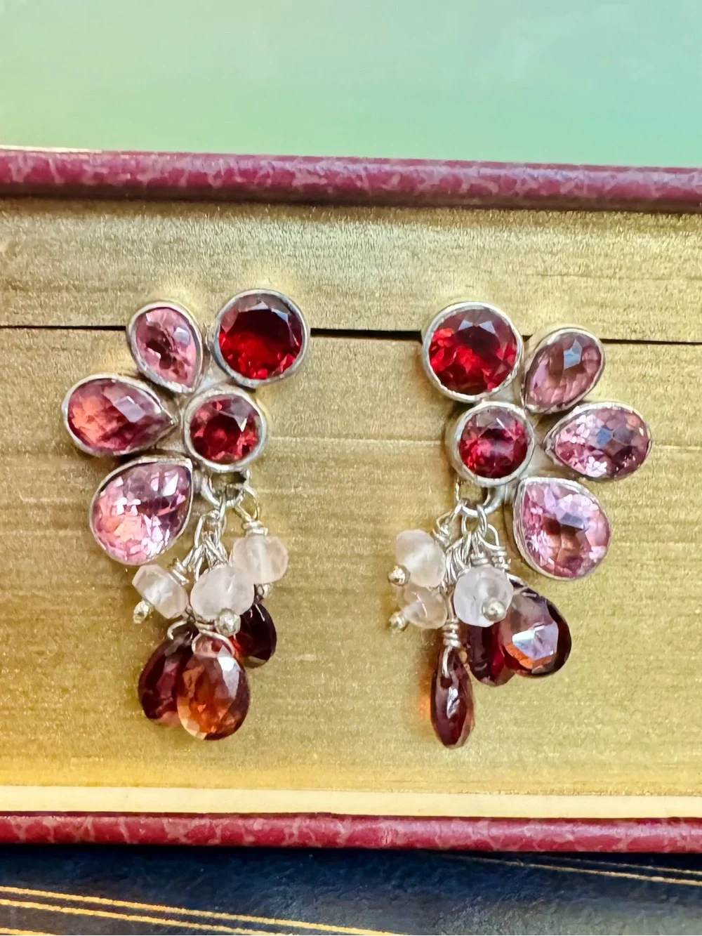 Vtg SAJEN Sterling Silver Pink Tourmaline Garnet Cluster Drop Earrings